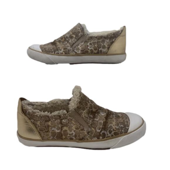Coach Gold Shearling Slip-On Sneakers Women’s Size 7 Fuzzy Lined - Picture 2 of 14
